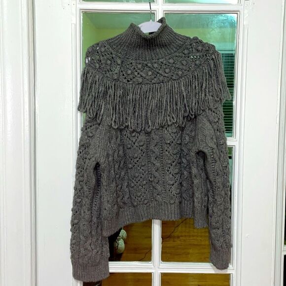 Zara long sleeve chunky cable knit turtle neck fringe grey cropped sweater - Picture 3 of 12